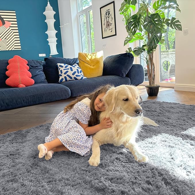 OLANLY 8x12 Machine Washable Large Area Rugs for Living Room, Bedroom, Soft Fluffy Shaggy Bedside Rug, Indoor Floor Carpet for Kids Girls and Boys, Dorms, Nursery, Home Decor Aesthetic, Light Grey