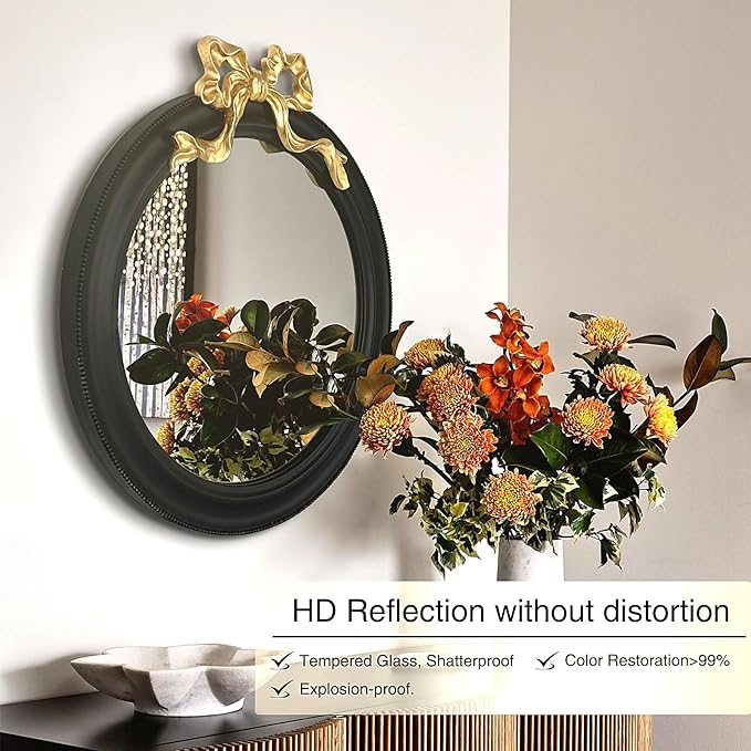 25x25 inch Bow Antique Round Mirror for Wall, Gold & Black Decorative Wall-Mounted Circle Mirror, Perfect for Bedroom, Hallway, Living Room Décor, and Bathroom Vanity
