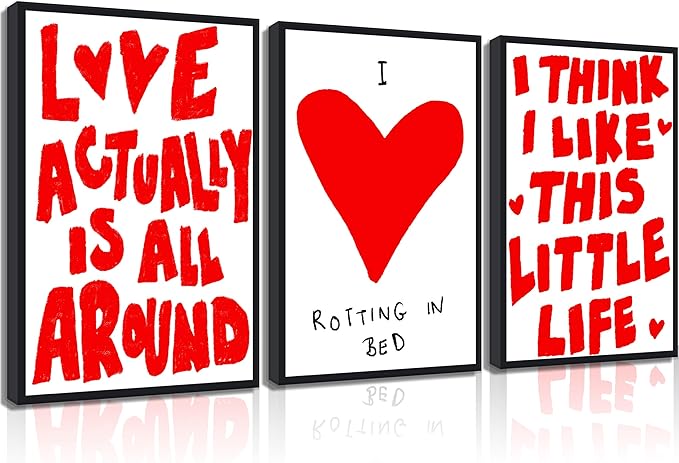 3Pcs Trendy Red Preppy Canvas Wall Art Inspirational Love Quotes Wall Decor Love Is All Around Painting Pictures Vintage Valentine Poster Prints for Girl Apartment Home Aesthetic Decoration unframed