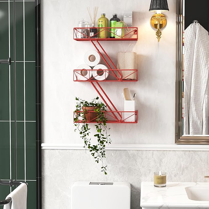 Fire Escape Shelf - 3 Tier Red Fire Escape Wall Shelf with Basket Wall Organizer, New York Metal Decorative Shelves, DIY Floating Action Figurine Display Shelf for Bedroom