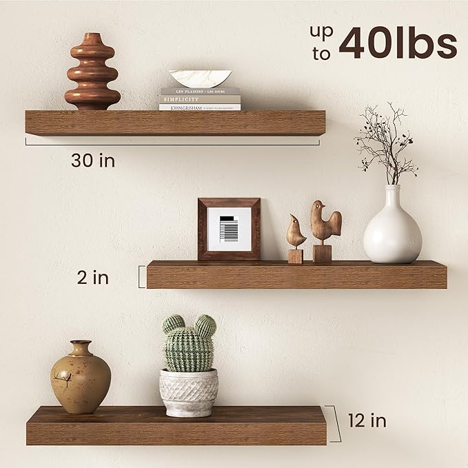 30Inch Floating Shelves for Wall, 12 Inch Deep Shelves for Bedroom, Kitchen, Bathroom Wall Mounted, Rustic Wood Floating Shelf with Invisible Brackets for Books, Storage, Decor, Rustic Brown, 2 Packs