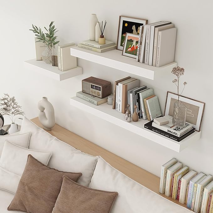 FLYJOE Deep Floating Shelves | 36 Inch White Floating Shelves Set of 2 | 12 Inch Deep Rustic Wood Shelves for Wall | 36" W x 12" D White Shelves for Living Room Bathroom Laundry Room Kitchen