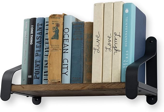 Rustic State Rustico 16" Floating Wall Bookshelf with Iron Brackets Wall Mounted Wooden Floating Industrial Shelf - Walnut