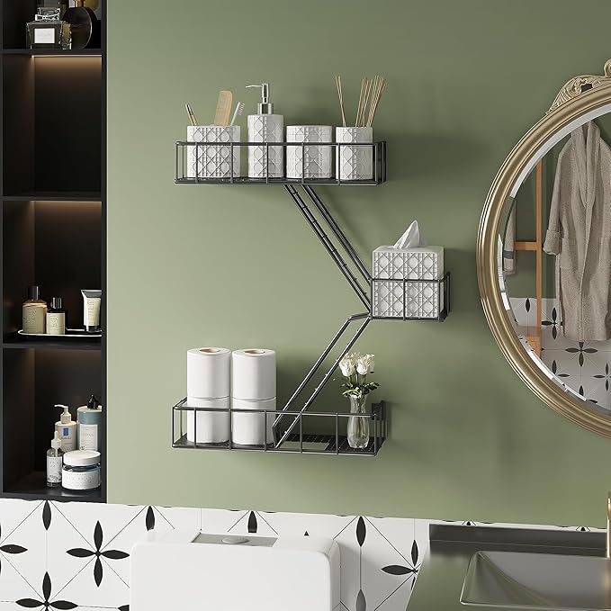 Fire Escape Shelf - 3 Tier Metal Black Fire Escape Wall Shelves with Baskets, New York Action Figurine Display Shelf, Unique Rustic Floating Decorative Wall Shelves for Any Room