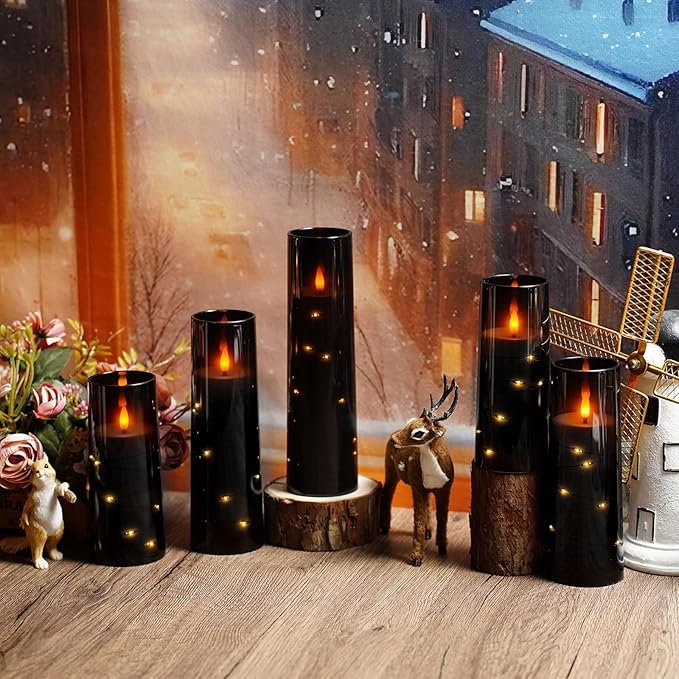 kakoya Flameless LED Candles with Timer 9 Pc Flickering Flameless Candles for Romantic Ambiance and Home Decoration Stable Acrylic Shell,with Embedded Star String,Battery Operated Candles（Black）