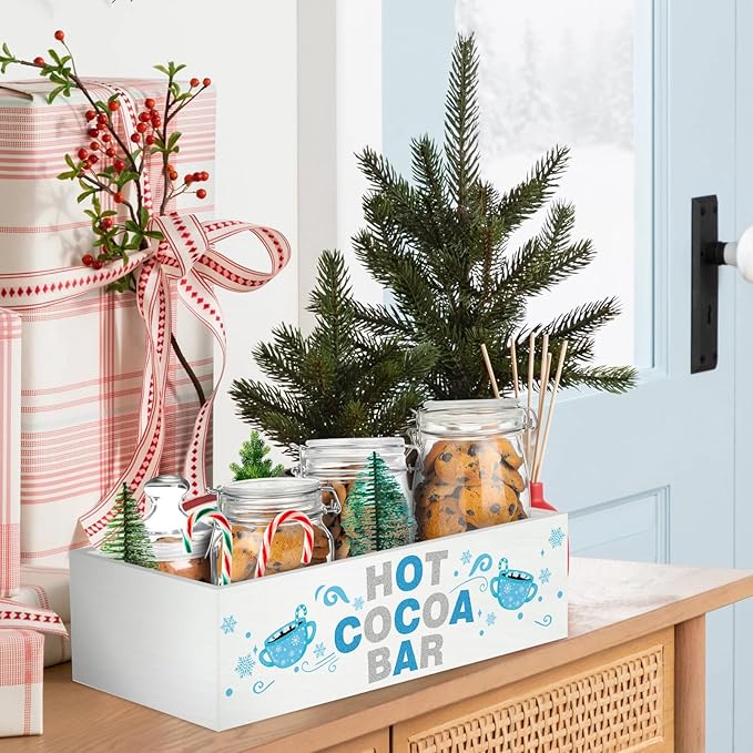 YLOLUL Christmas Hot Cocoa Bar Decor Box Wood Storage Bin Xmas Blue Bar Holder Hot Cocoa Decorative Christmas Cute Wood Storage Bins for Home Kitchen Office Farmhouse Gift