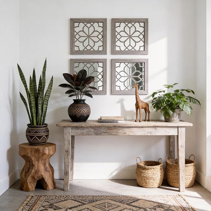 Set of 2 14 Inch Square Brown Window Pane Wall Mirrors, Shatterproof Rustic Farmhouse Boho Vintage Accent Mirrors for Living Room Bedroom Bathroom Entryway