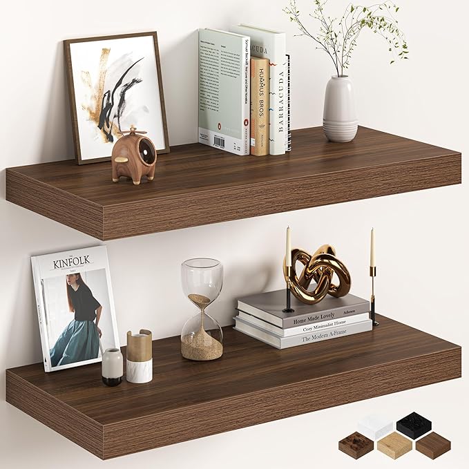30Inch Walnut Floating Shelves for Wall, 12 Inch Deep Shelves for Bedroom, Kitchen, Bathroom Wall Mounted, Rustic Wood Floating Shelf with Invisible Brackets for Books, Storage, Decor, 2 Packs