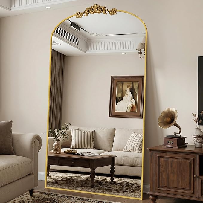 Antok Arched Full Length Mirror, 90"x46" Floor Mirror with Carved, Full Body Mirrors for HomeDecor, Standing/Halling Large Wall Mirror for Bedroom, Living Room, Cloakroom, Gold, Retro Style