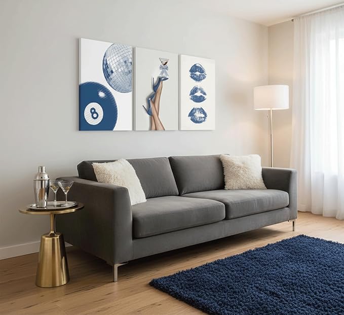 3Pcs BlueTrendy Aesthetic Canvas Wall Art,Fashion High-Heeled Shoe Lucky 8 Ball Lip Picture Poster Prints Y2K Stylish Wall Decor,For Girls' Bedroom Dorm Apartment Wall Decor 12x16in Framed