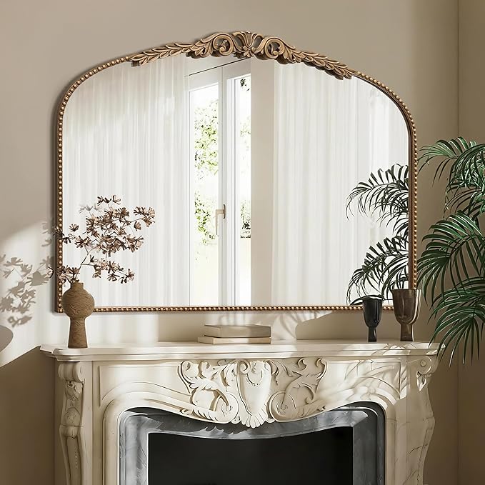 Besdomus Gold Large Fireplace Mirror: 48"x 33" Baroque Vintage Mirror - Traditional Ornate Antique Arched Mirrors for Bathroom/Wall/Vanity/Mantel/Bedroom/Entryway/Hallway - Home Decor for Living Room
