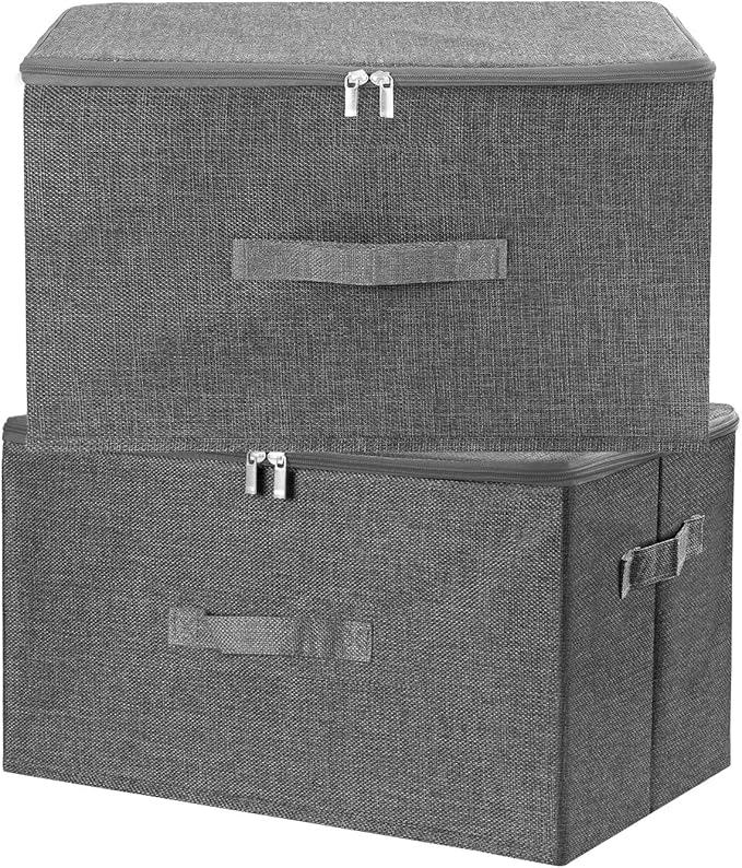 ANMINY 2PCS Storage Bins with Zipper Lids 36 Qt Lidded Fabric Storage Boxes Baskets Cubes with Handles Collapsible Washable Cotton Linen Closet Shelf Clothes Organizer Containers - Gray, Large