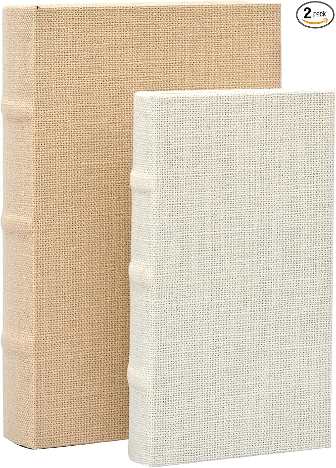 DECOR4SEASON Decorative Faux Book Storage Boxes Set of 2, Linen Fabric Textured Books, Off White, Modern Minimalist Home Decor, Bookshelf Accents for Coffee Table