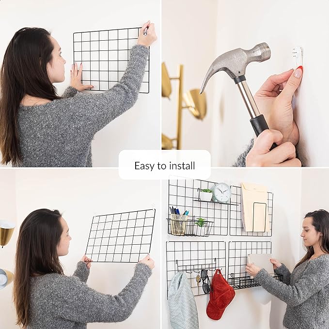 4 Pack Wire Wall Grid Panel With Accessories | Includes Hanging Baskets, Letter Sorter, Shelf & Hook Rack | Grid Wall Panels | Photo Grid | Hanging Home, Office & Kitchen Décor