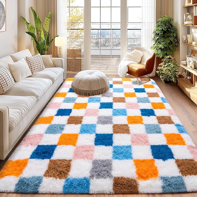 Checkered Rugs for Living Room Bedroom, 5x7 Area Rugs for Living Room, Modern Shaggy Carpets Fuzzy Rug for Boys Girls Dorm Nursery Home Decor Aesthetic, Upgrade Non-Slip Durable, Colorful