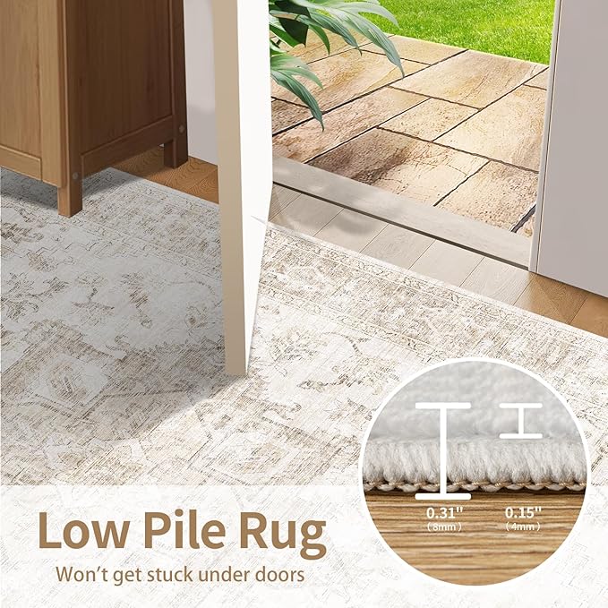 Rugxara 8x10 Washable Area Rug for Living Room, Extra Large Neutral Vintage Boho Rugs for Office, Kids Room, Farmhouse, Durable Low Pile Non Slip Carpet for High Traffic Areas - Beige