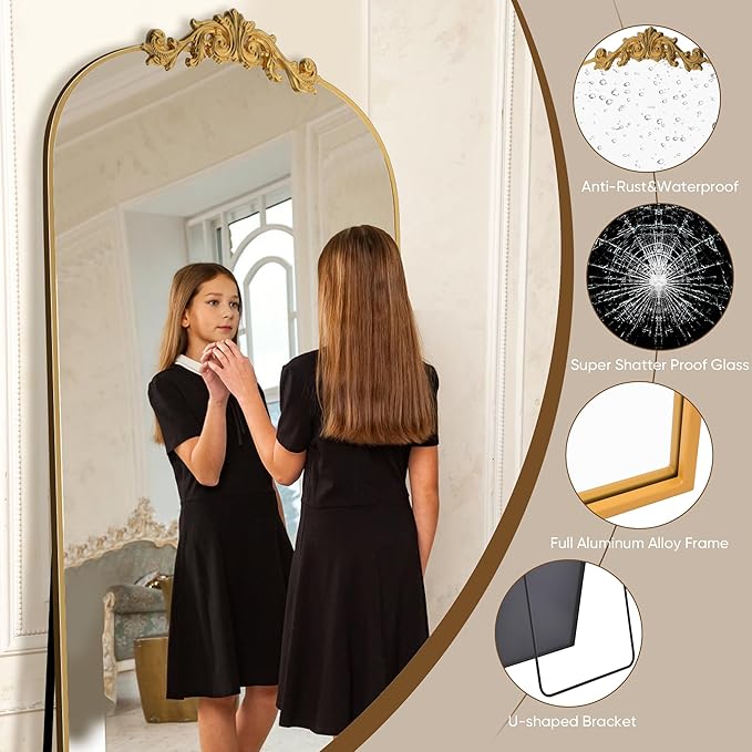 Antok Arched Full Length Mirror, 71"x32" Floor Mirror with Carved, Full Body Mirrors for HomeDecor, Standing/Halling Large Wall Mirror for Bedroom, Living Room, Cloakroom, Gold, Retro Style