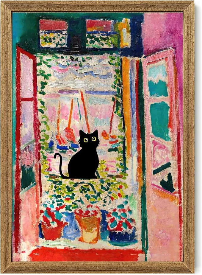 Fantasy Artists Henri Matisse Cat Wall Art, Framed Open Window Black Cat Canvas Poster Prints, Abstract Aesthetic Wall Decors for Living Room, Oil Paintings for Room Bathroom Decorations 20" X 30"