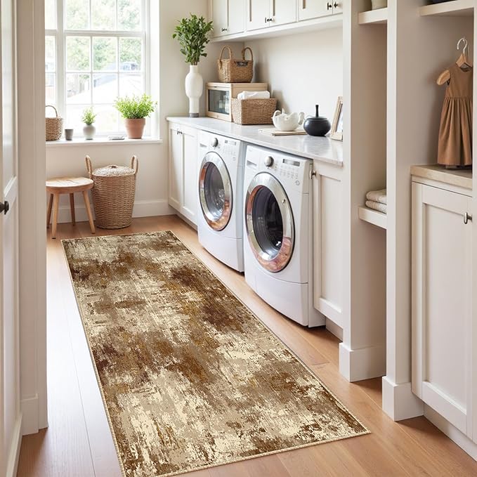 RELEANY Washable Area Rugs 2'x10' Non-Slip Modern Abstract Soft for Living Room Entryway Bedroom Nursery, Print Pattern, Brown Tan Beige Coffee