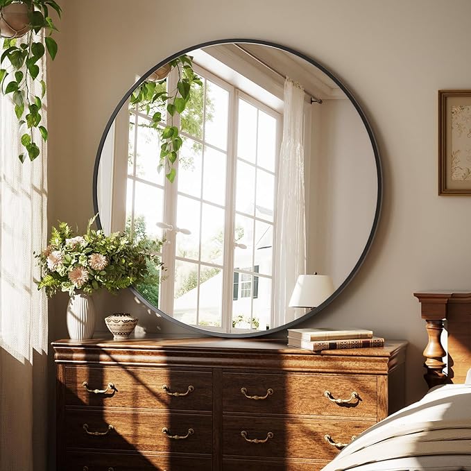 XRAMFY 40 Inch Round Mirror - Circle Mirrors for Bathroom, Entryway and Living Room Wall Decor, Modern Hanging Vanity Mirror, Matte Black Circle Decorative Wall Mirror