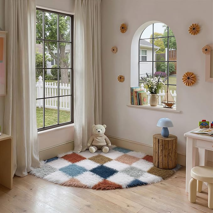 PureCozy Checkered Rug 6ft Radius Corner for Playroom, Modern Rainbow Shag Super Soft Washable Fluffy Rugs Indoor Fuzzy Carpet for Bedroom Home Dorm Aesthetic Decor