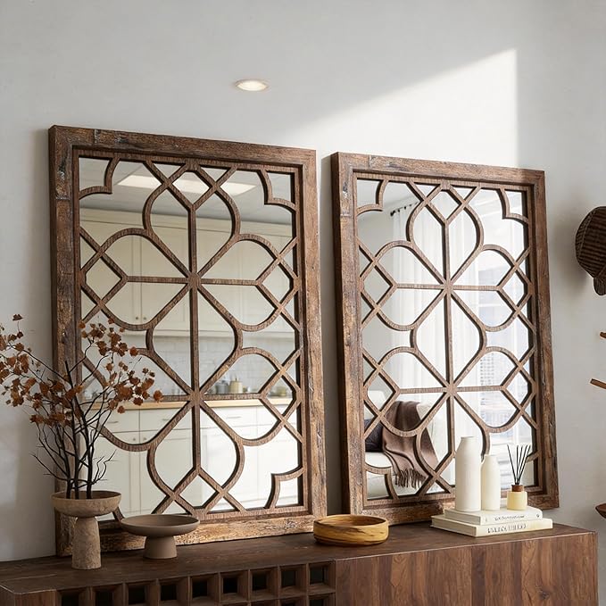 Set of 2 19x26 Inch Large Redbrown Shatterproof Rectangular Wall Mirrors, Boho Rustic Farmhouse Vintage Accent Mirrors for Living Room Bedroom Entryway Dining Room & Home Decor