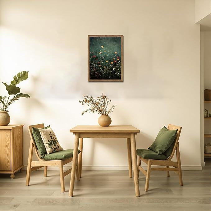 Wildflower Field Framed Wall Art, Vintage Botanical Flower Wall Decor, Modern Farmhouse Floral Canvas Art, Green Field Landscape Pictures Artwork for Living Room Bedroom – 12x16 inch