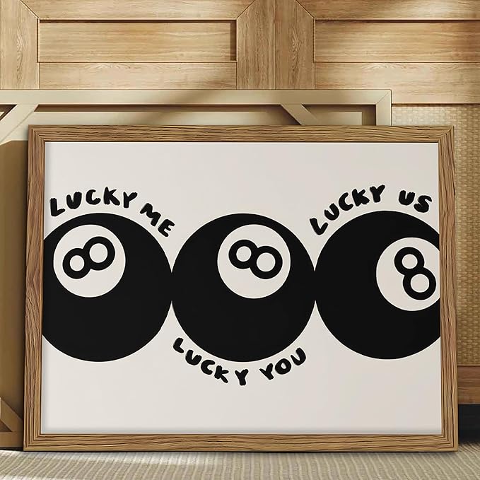 Trendy Black 8 Ball Wall Art, Funny Lucky You Y2k Canvas Wall Decor Painting, Funky Cool Billiards Posters Prints Pictures for Living Room Bedroom Apartment Dorm Room Decor 16x24 Inch Wood Framed