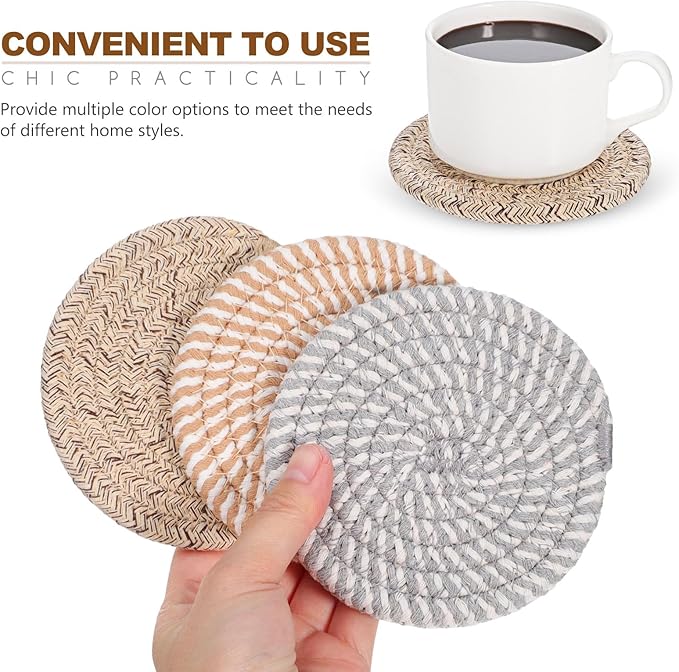 UKCOCO Bohemian Style Cotton Rope Woven Cup Coasters Set 6pcs 11cm Absorbent Decorative Drink Mats with Storage Basket for Table Bar Use Random Color