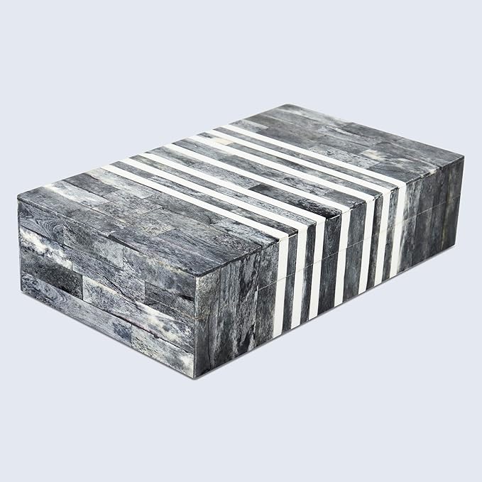 Handicrafts Home Decorative Storage Box with Lid, Patisserie Cafe Stripe Pattern Remote Holder Box, Wide Coffee Table Storage Organizer, Wooden Living Room Kitchen Storage Box, Grey & White, 10x6x2.5