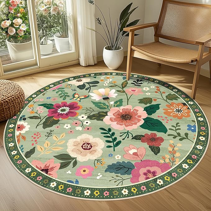 RELEANY Floral Nursery 4ft Area Rugs Washable Print Boho Cute Carpet Non Slip Flower Low Pile for Living Room Kids Girls Playroom Bedroom Kitchen Office Farmhouse-Light Green