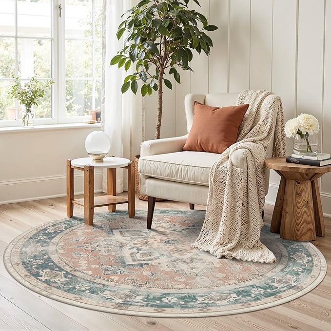 Rugxara 4ft Circle Rug, Soft Round Boho Rug, Washable Non Slip Area Rug for Living Room, Bedroom, Dining Room, Entryway, Round Rugs for Home, Patio, Office, Kids Room, Coral(Blue&Orange)