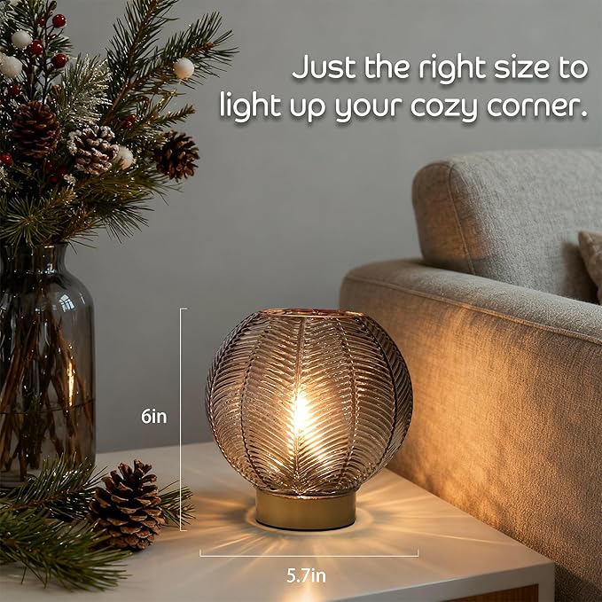LUSHARBOR Battery Operated Lamp with Timer, Small Glass Table Lamp, Decorative Cordless Battery Powered Bedside Lamps for Living Room Shelf Decro Desk -Amber