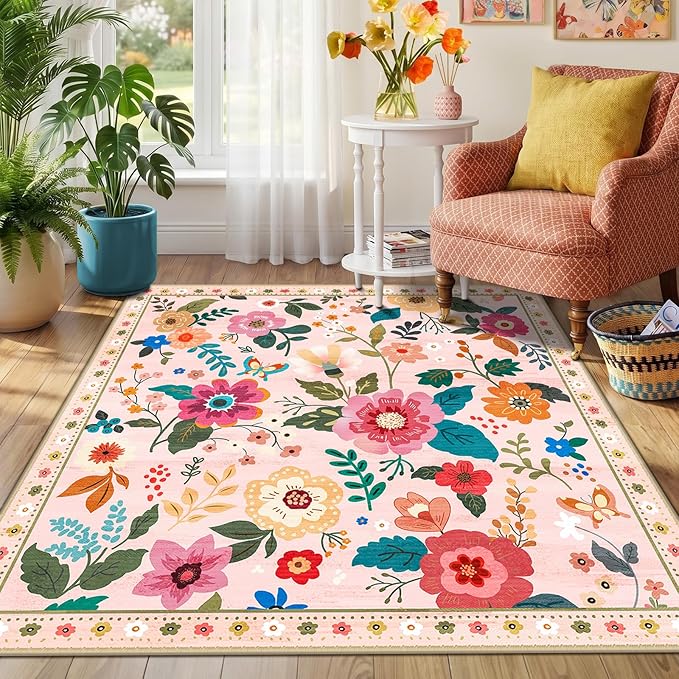 RELEANY Floral Nursery Square 5ft Area Rugs Washable Print Boho Cute Carpet Non Slip Flower Low Pile for Living Room Kids Girls Playroom Bedroom Kitchen Office Farmhouse-Pink