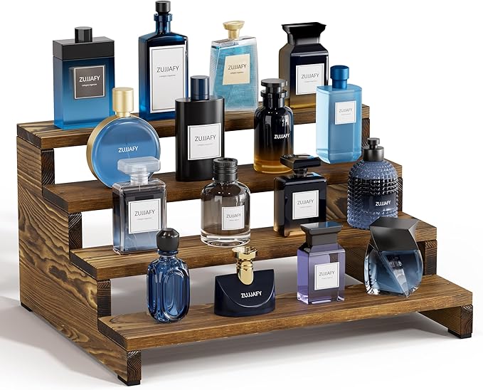 ZUJJAFY Cologne Organizer for Men, 4 Tier Wooden Cologne Stand Mens Fragrance Shelf, Tiered Wood Risers Display Stands for Perfume, Cupcake, Figures, Dessert