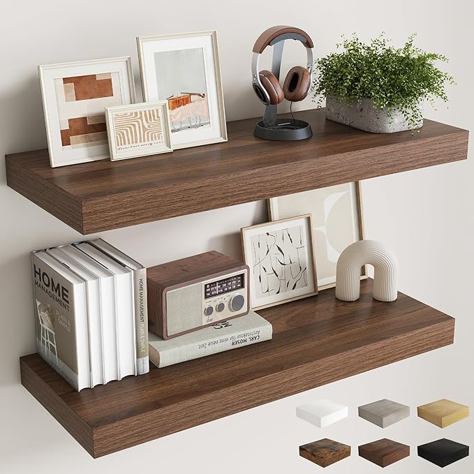 36 Inch Walnut Floating Shelves for Wall, 12 Inch Deep Shelves for Bathroom|Kitchen|Bedroom, Wall Mounted Rustic Wood Floating Shelf with Invisible Brackets for Books|Storage|Decor, 2 Pack