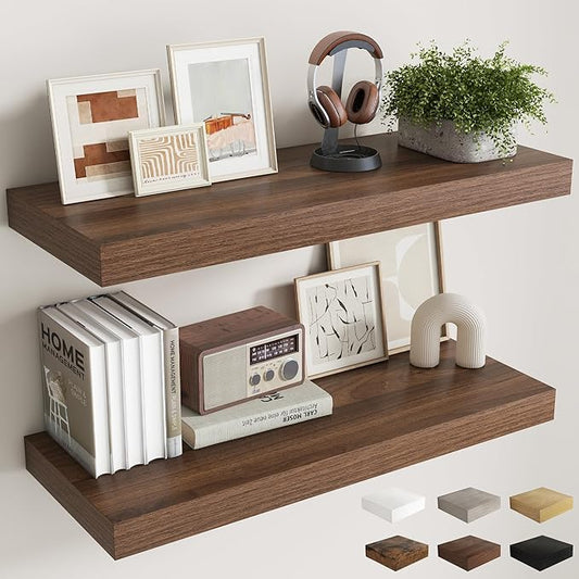 36 Inch Walnut Floating Shelves for Wall, 12 Inch Deep Shelves for Bathroom|Kitchen|Bedroom, Wall Mounted Rustic Wood Floating Shelf with Invisible Brackets for Books|Storage|Decor, 2 Pack