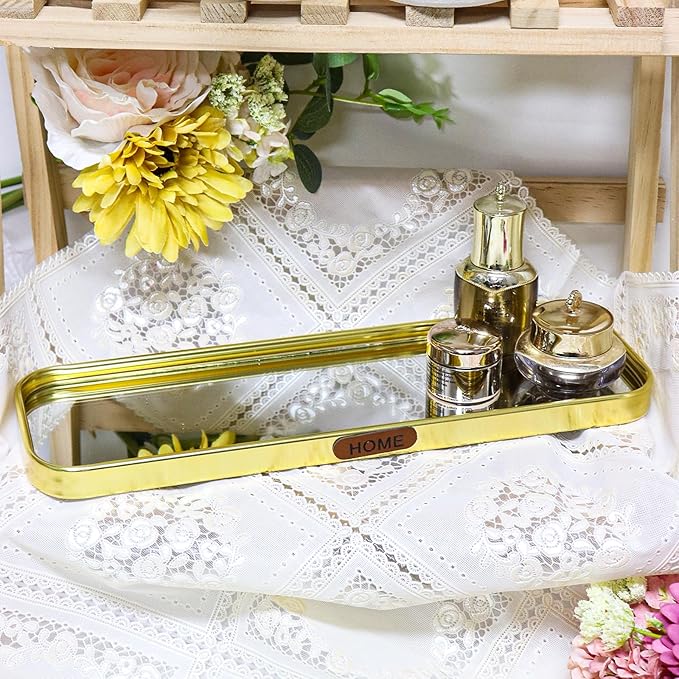 Gold Mirrored Vanity Tray, Small Rectangular Stainless Steel Perfume Organizer, Decorative Glass Mirror Tray for Jewelry, Makeup, Skincare, Bathroom Countertop,Dresser Decor (7.87" x 3.94")