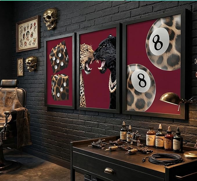3Pcs Framed Trendy Leopard Canvas Wall Art Funky Lucky 8 Ball Pictures Wall Decor Eclectic Cheetah Preppy Aesthetic Posters Prints Paintings for Bedroom Dorm Living Bathroom Home Decoration