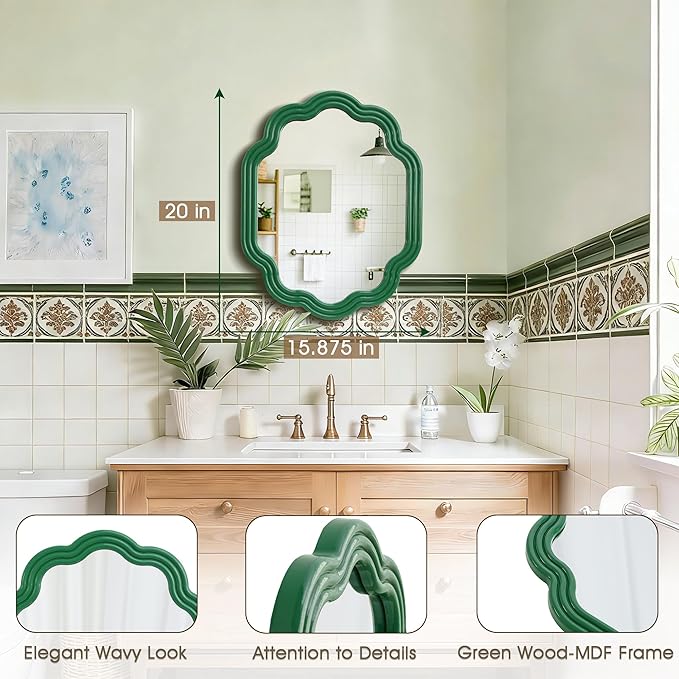 Green Wavy Oval Mirror 16x20 Scalloped Wall Mounted Unique Wooden Frame Modern Mirror for Bedroom Living Room Entryway Hallway
