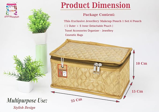 atorakushon Satin Makeup Kit Travel Jewelry Organizer Locker Box Pouches Clutch Bag for Necklaces Earrings Rings and Bracelets Golden Color
