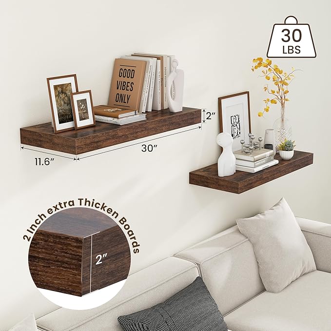 FLYJOE 30 Inch Floating Shelves | 12 Inch Deep Brown Floating Shelves Set of 2 | 30" W x 12" D Rustic Wood Shelves for Wall | Deep Brown Shelves for Living Room Bathroom Laundry Room Kitchen