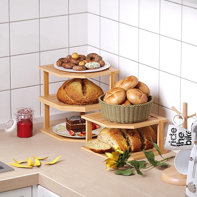 VERTORGAN Bamboo Corner Shelf(3 Pack),2 Tier Plate Organizer for Cabinet and Countertop,Pantry Dish and Spice Rack for Kitchen
