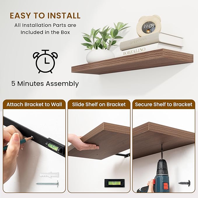 Fun Memories 9.3Inch Deep Floating Shelves for Wall, 32 Inch Rustic Wood Wall Mounted Shelves for Bathroom, Bedroom, Kitchen, Deep Floating Shelf for Storage & Home Decor (Walnut, Set of 2)