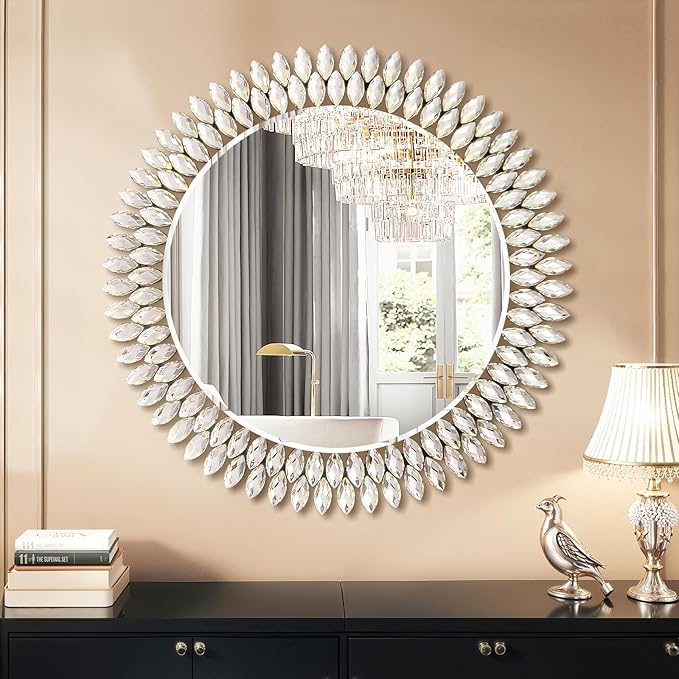 32 Inch Round Mirrors for Wall Decor, Luxury Diamond Entryway Mirrors for Wall, Silver Decorative Mirror for Living Room, Bedroom, Bathroom, Dining Room, Fireplace