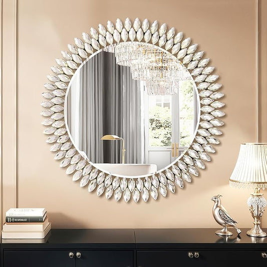 32 Inch Round Mirrors for Wall Decor, Luxury Diamond Entryway Mirrors for Wall, Silver Decorative Mirror for Living Room, Bedroom, Bathroom, Dining Room, Fireplace