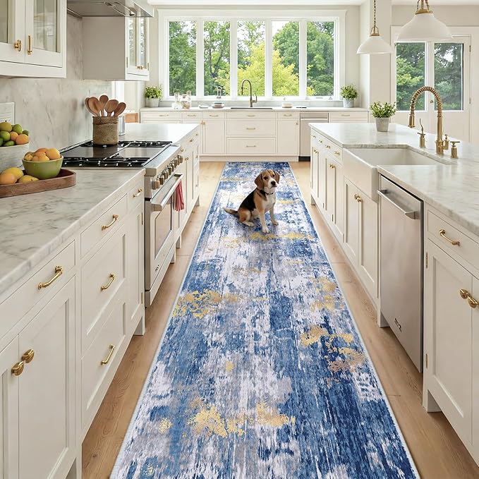 RELEANY Washable Area Rugs 2'6"x12 Non-Slip Modern Abstract Soft for Living Room Entryway Bedroom Nursery, Print Pattern, Grey Blue Gold/Golden