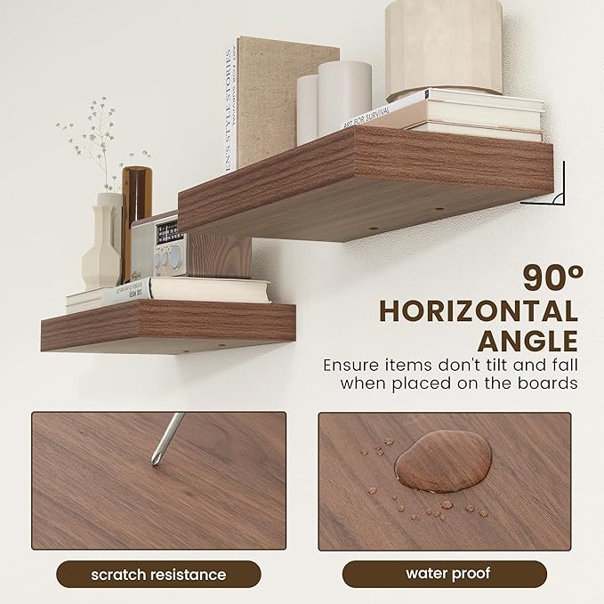 FLYJOE Deep Floating Shelves | 24 Inch Walnut Floating Shelves Set of 2 | 12 Inch Deep Rustic Wood Shelves for Wall | 24" W x 12" D Walnut Shelves for Living Room Bathroom Laundry Room Kitchen
