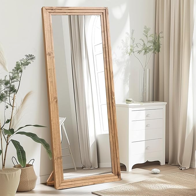 65"x24" Full Length Mirror Solid Wood Frame Floor Mirror for Living Room, Bedroom Hanging or Leaning, Wood Color