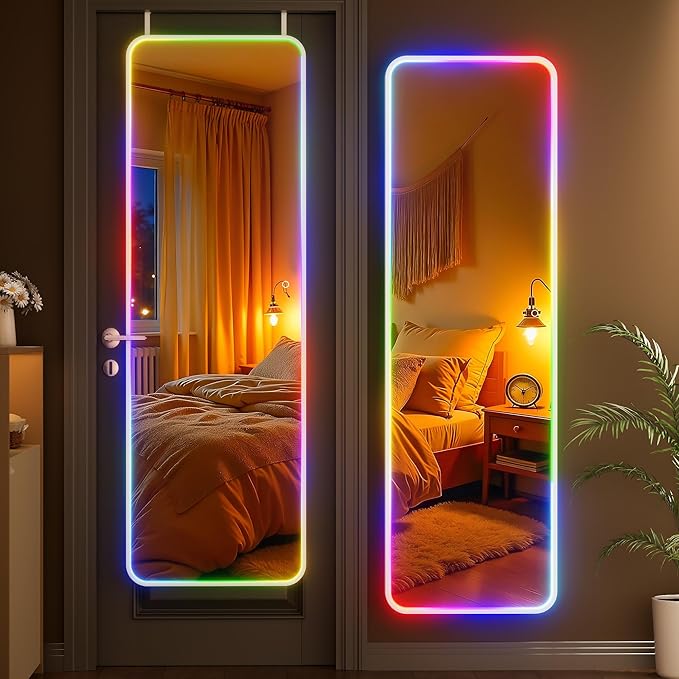 Hasipu 55"x15.7" LED RGB Door Mirror Full Length, Full Body Full Length Over The Door Mirror with Lights, Door Hanging & Wall Mounted Mirror for Bedroom, Living Room, Cloakroom